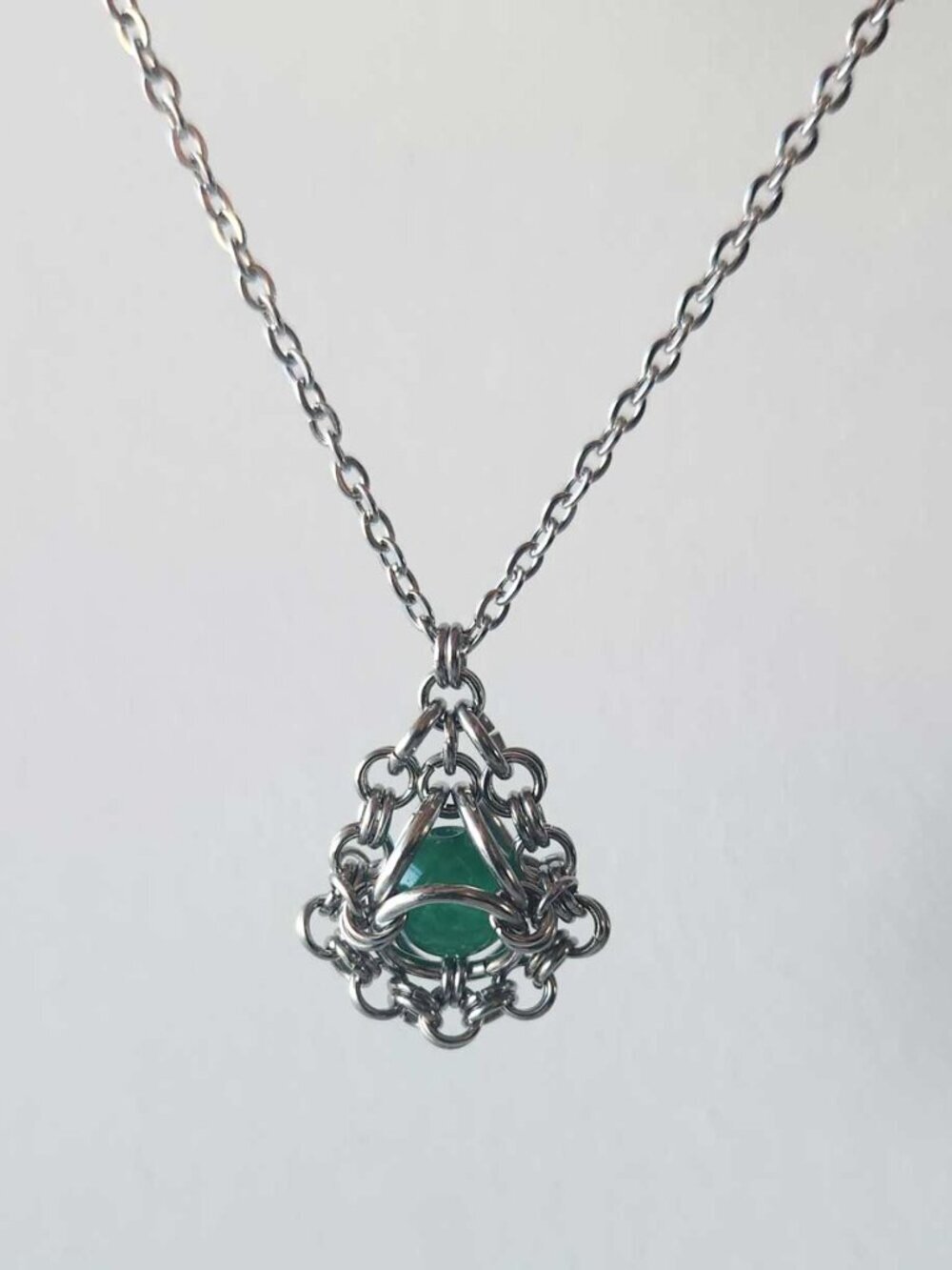 Vintage antique green teardrop necklace with a small silver chain